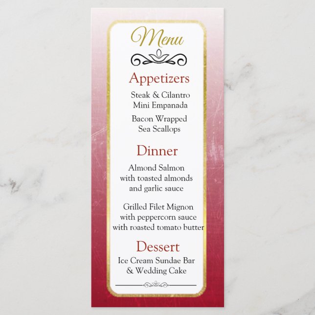 Burgundy and Gold Elegant Wedding Menu Card (Front)