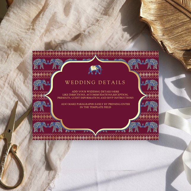 Burgundy and Gold Elephant Indian Wedding Details Enclosure Card (Creator Uploaded)