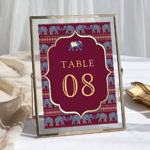Burgundy and Gold Elephant Indian Wedding Table Number