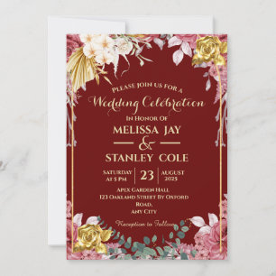 Burgundy and Gold Eucalyptus Wreath Wedding Invitation