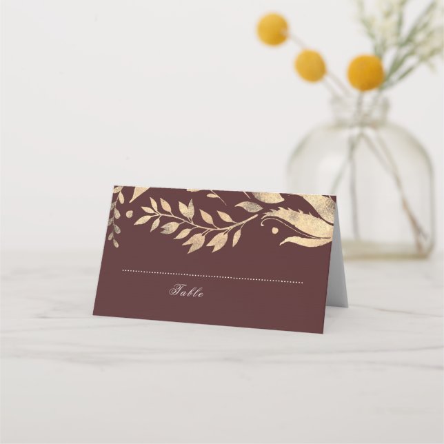 Burgundy and Gold Fall Wedding Place Card (Front)