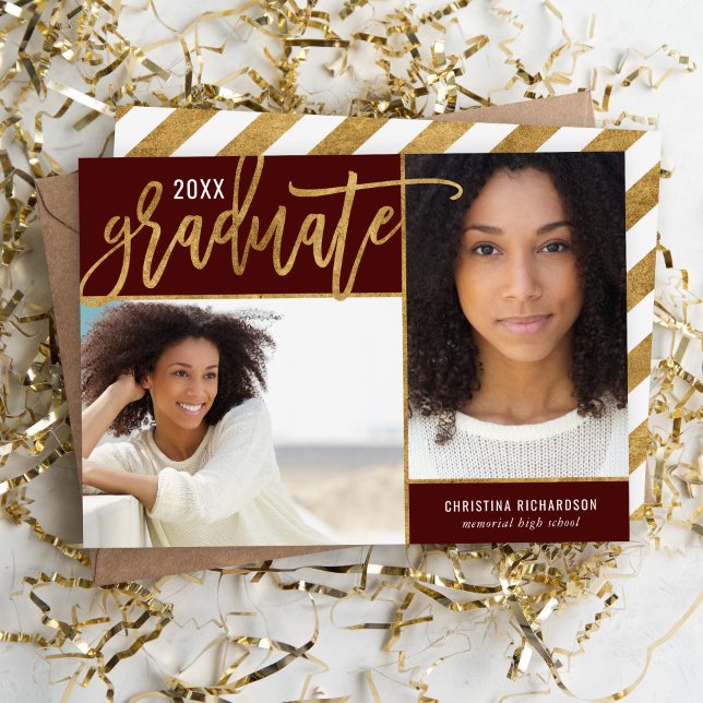 Burgundy and Gold Faux Foil 2 Photo Graduation Announcement (Creator Uploaded)