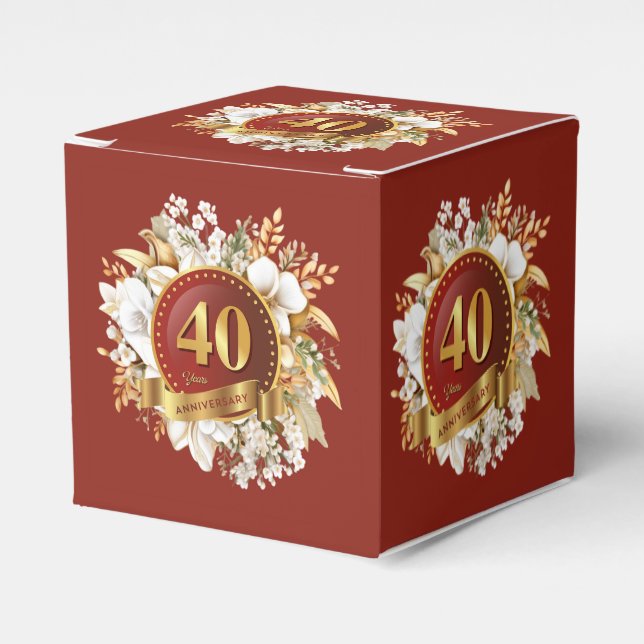 Burgundy And Gold Floral 40th Wedding Anniversary  Favour Box (Front Side)