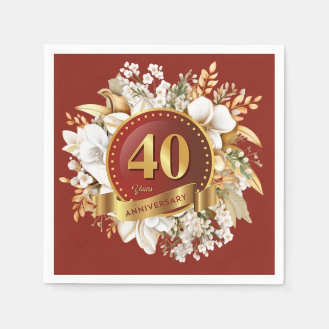 Burgundy And Gold Floral 40th Wedding Anniversary  Napkin (Front)