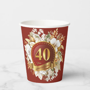 Burgundy And Gold Floral 40th Wedding Anniversary Paper Cups