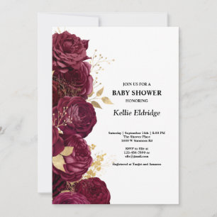 Burgundy And Gold Floral Baby Shower Invitation