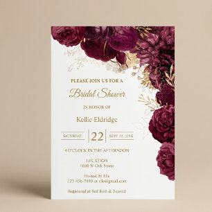 Burgundy And Gold Floral Bridal Shower Invitation