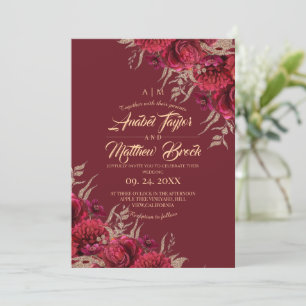 Burgundy and Gold Floral Calligraphy Wedding Invitation