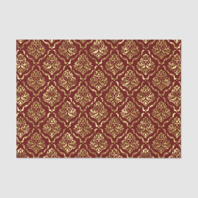 Burgundy and gold floral damask pattern tissue paper (Front)
