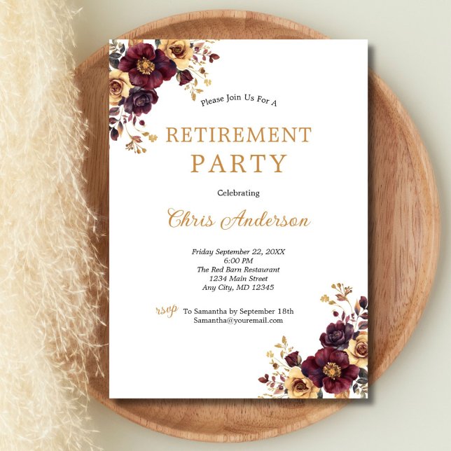 Burgundy and Gold Floral Elegant Retirement Party Invitation (Burgundy Gold Watercolor Florals Retirement Party invitation for her. Printed or Digital)