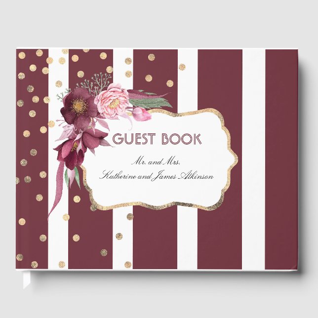 Burgundy and Gold Floral Elegant Wedding Guest Book (Front)