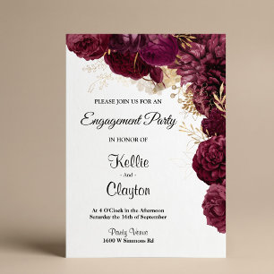 Burgundy And Gold Floral Engagement Party Invitation
