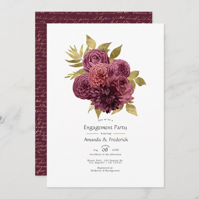 Burgundy and Gold Floral Engagement Party Invitation (Front/Back)