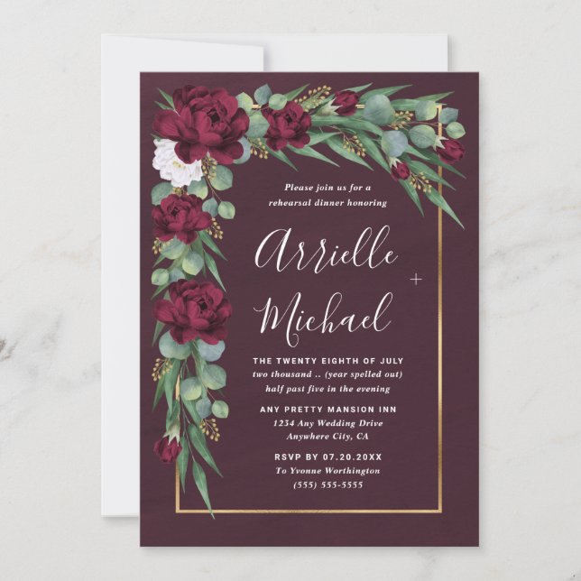 Burgundy and Gold Floral Fall Rehearsal Dinner Invitation (Front)