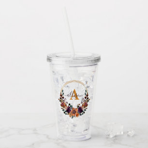 Burgundy and gold floral frame personalised   acrylic tumbler