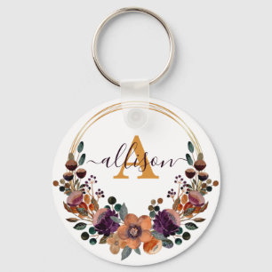 Burgundy and gold floral frame personalised key ring