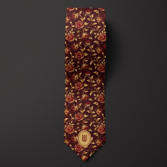 Burgundy and Gold Floral Monogram  Tie (Creator Uploaded)