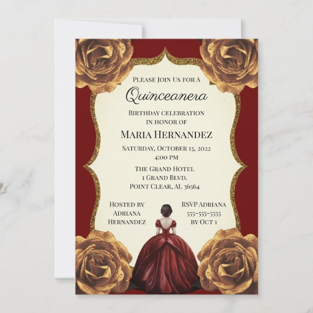 Burgundy and Gold Floral Quinceanera Birthday Invitation (Front)