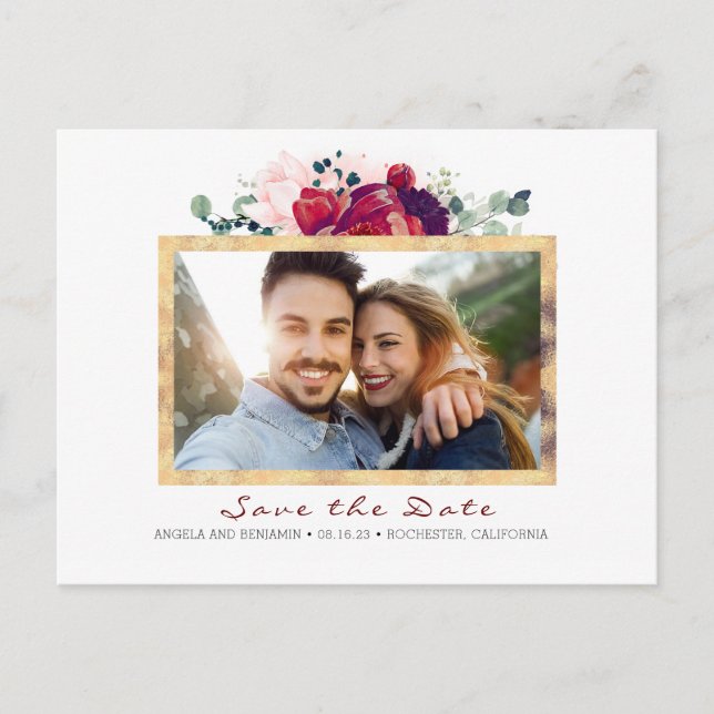 Burgundy and Gold Floral Save the Date Photo Announcement Postcard (Front)