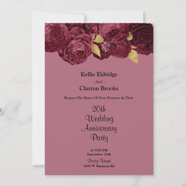 Burgundy And Gold Floral Wedding Anniversary Party Invitation (Front)