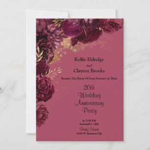 Burgundy And Gold Floral Wedding Anniversary Party Invitation