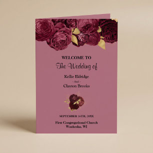 Burgundy And Gold Floral Wedding Folded Program Programme