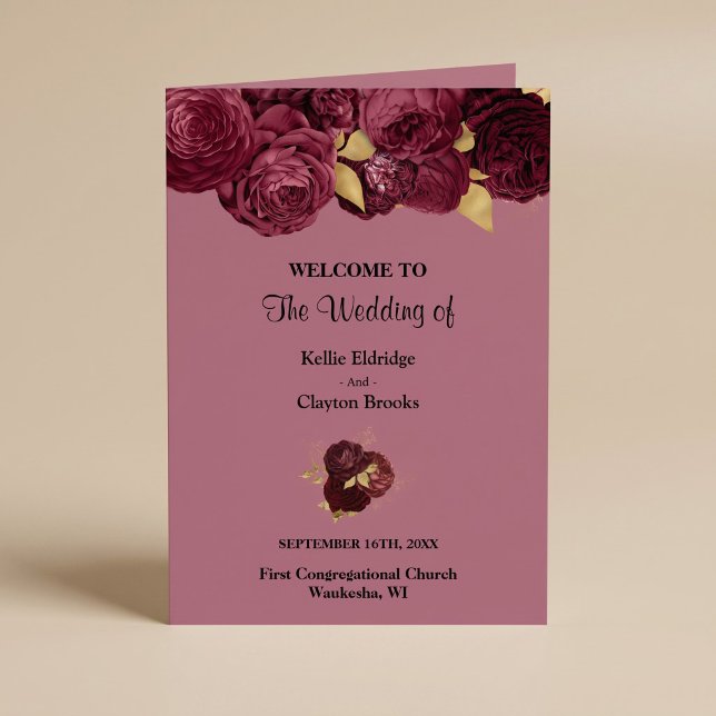 Burgundy And Gold Floral Wedding Folded Program Programme (Creator Uploaded)