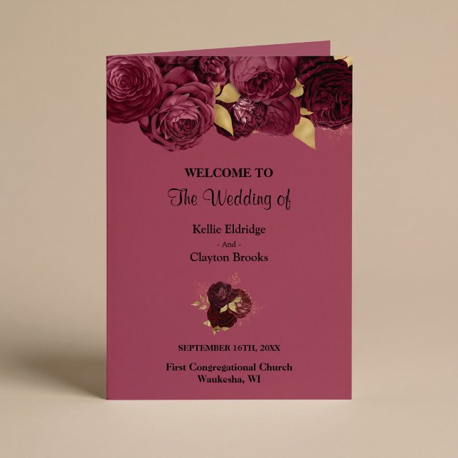 Burgundy And Gold Floral Wedding Folded Program Programme (Creator Uploaded)