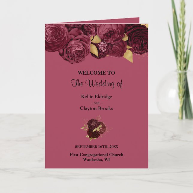 Burgundy And Gold Floral Wedding Folded Program Programme (Front)