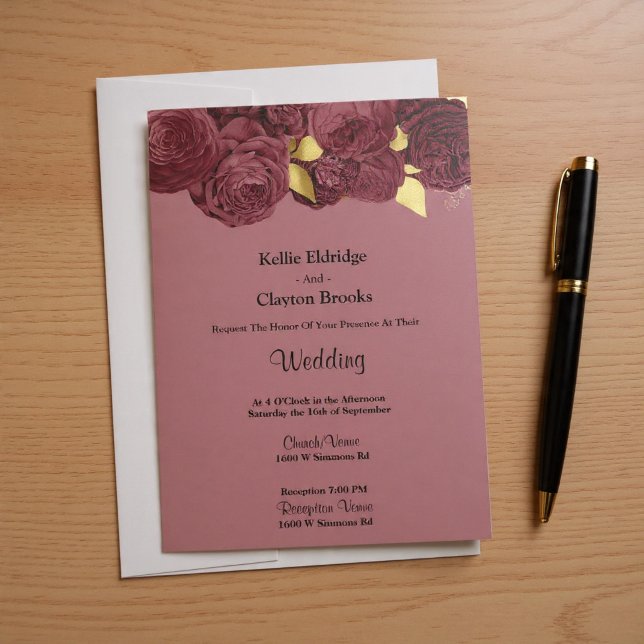 Burgundy And Gold Floral Wedding Invitation (Creator Uploaded)