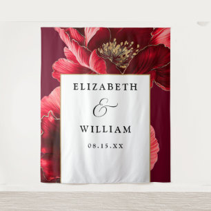 Burgundy And Gold Floral Wedding Photo Backdrop Tapestry