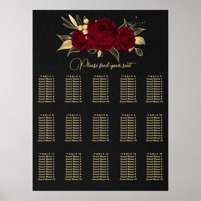 burgundy and gold floral wedding seating chart (Front)