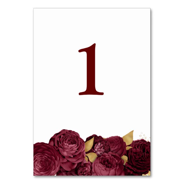 Burgundy And Gold Floral Wedding Table Number Card (Front)