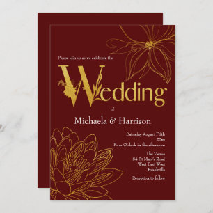 Burgundy and Gold Floral Wedding Typography Invitation