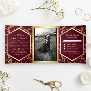 Burgundy and Gold Flourish Swirl Wedding Photo Tri-Fold Invitation