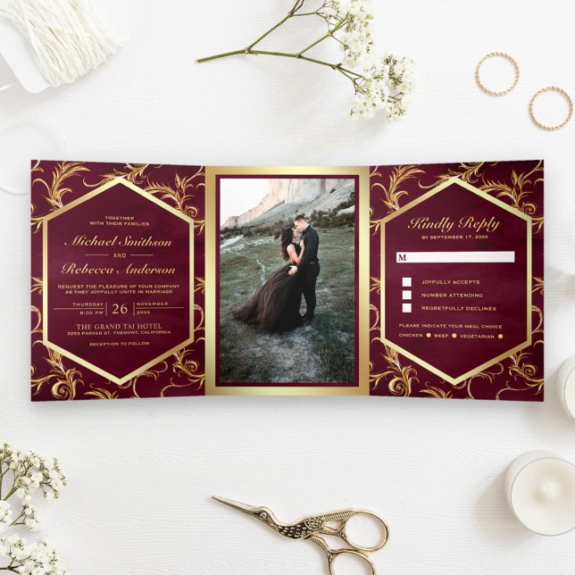 Burgundy and Gold Flourish Swirl Wedding Photo Tri-Fold Invitation (Creator Uploaded)