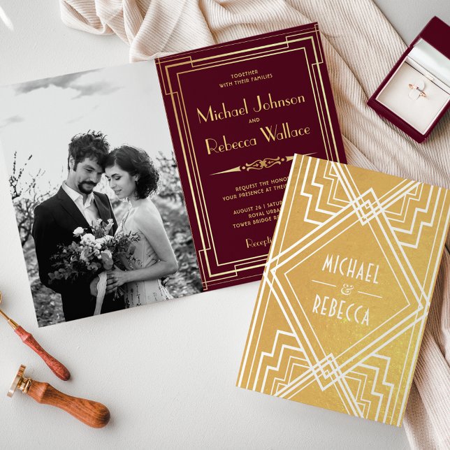 Burgundy and Gold Foil Art Deco Wedding Invitation (Creator Uploaded)