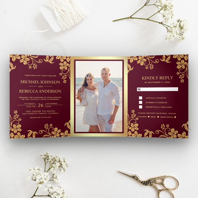 Burgundy and Gold Foil Floral Leaves Wedding Tri-Fold Invitation (Creator Uploaded)