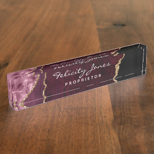 Burgundy and Gold Geode Agate Precious Stone Nameplate