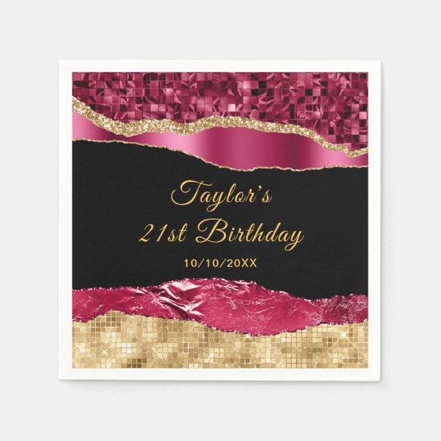 Burgundy and Gold Glam Tears Birthday Party Napkin (Front)