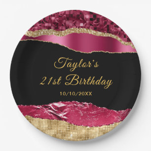 Burgundy and Gold Glam Tears Birthday Party Paper Plate