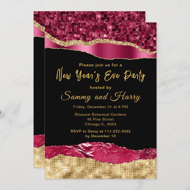 Burgundy and Gold Glam Tears New Year's Eve Party Invitation (Front/Back)