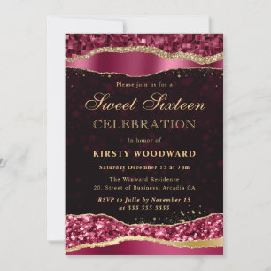 Burgundy and Gold Glam Tears Sweet Sixteen Invitation