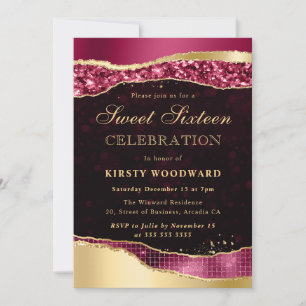 Burgundy and Gold Glam Tears Sweet Sixteen Invitation