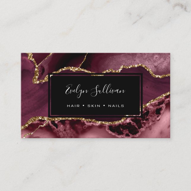 burgundy and gold glitter agate business card (Front)