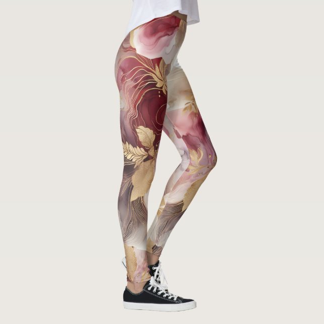 Burgundy and Gold Glitter floral Agate  Leggings (Right)