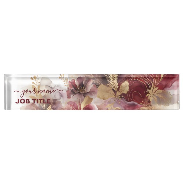 Burgundy and Gold Glitter floral Agate  Nameplate (Front)