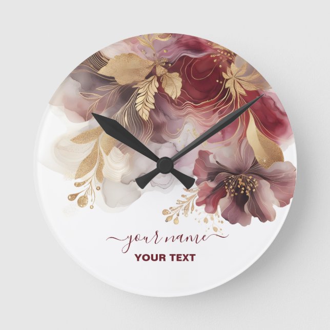 Burgundy and Gold Glitter floral Agate  Round Clock (Front)