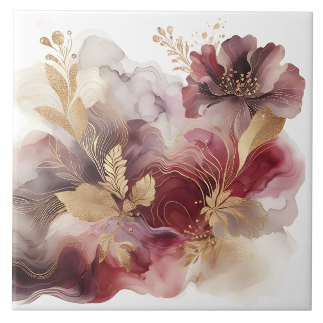 Burgundy and Gold Glitter floral Agate  Tile (Front)
