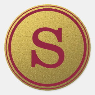 Burgundy And Gold Glitter Monogram Initial Classic Round Sticker